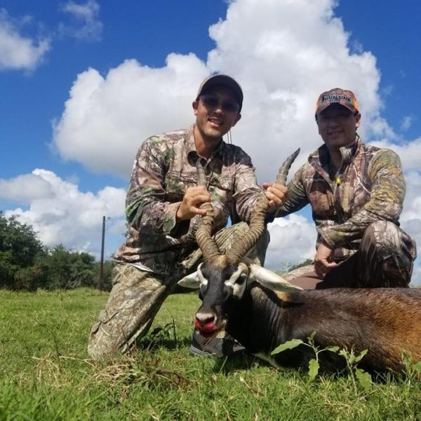2 men with their trophy blackbuck antelope from a hunt at oak creek ranch in columbus texas